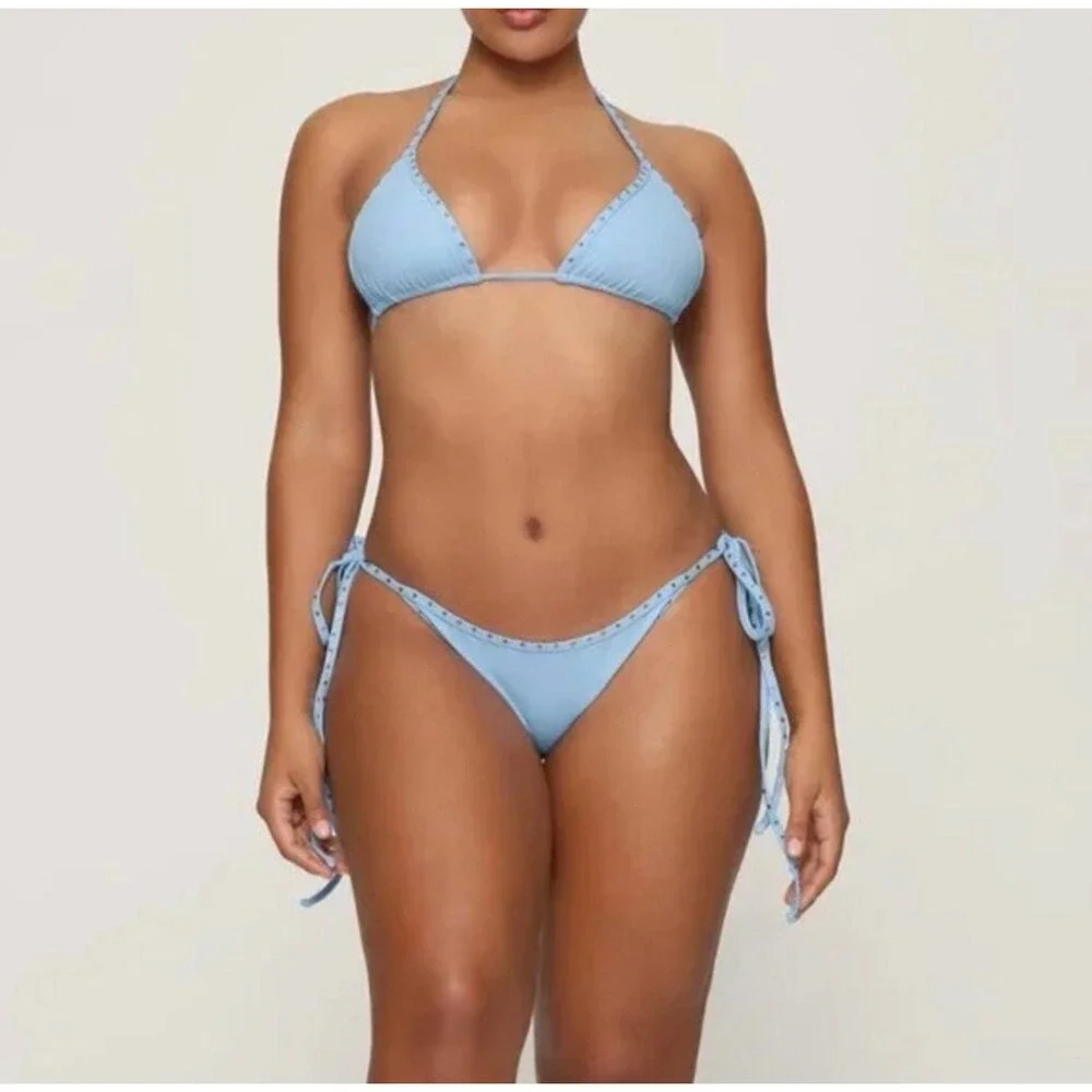 Skims Rhinestone Swim Tie Bikini Set Iris Blue Size XS top/S bottom NWT RARE